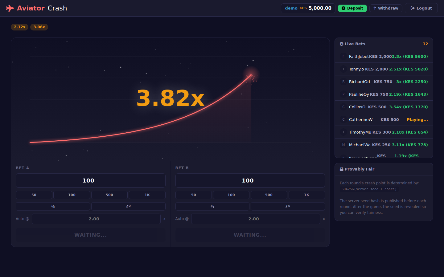 Aviator-Style Crash Betting Game – Live Multiplier, Two Bets, M-Pesa Deposits & Admin Panel (PHP & MySQL)